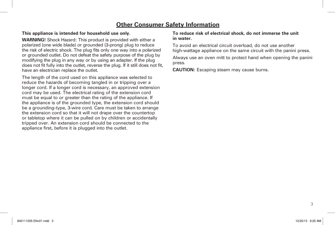 Hamilton Beach 25450 manual Other Consumer Safety Information, This appliance is intended for household use only 